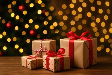 Obraz premium Holiday gift ideas featuring a beautifully lit Christmas tree and blurred background