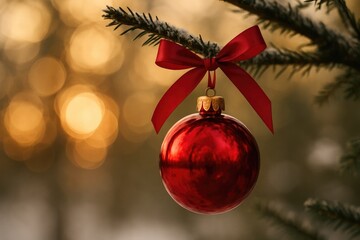 Holiday glass ornament hanging from a tree branch with illuminated background producing a bokeh effect