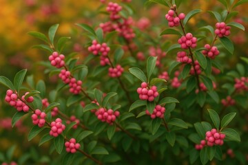 Fototapeta premium Vivid pink fruit hanging from a vibrant green shrub