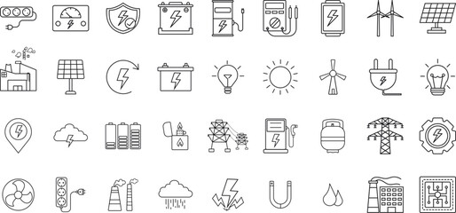 Electricity and energy glyph icon set, vector pictograms of battery, solar panel, wind turbine, lightning bolt and renewable power