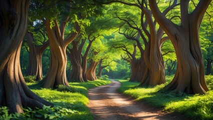 Pathway meandering beneath gnarled and slanted trees in a nature reserve