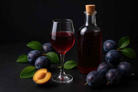 Freshly made strong alcohol featuring ripe fruits and plum liquor on a black background