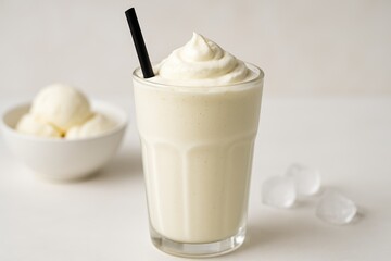 Close-up of a vanilla-flavored milkshake featuring a black straw in a glass