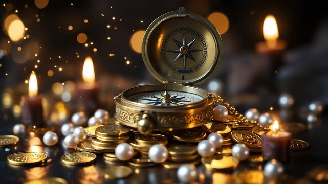 Golden Compass Treasure Pearls Candles Wealth Adventure Luxury Richness Elegance Coins Sparkle Warmth Mystic