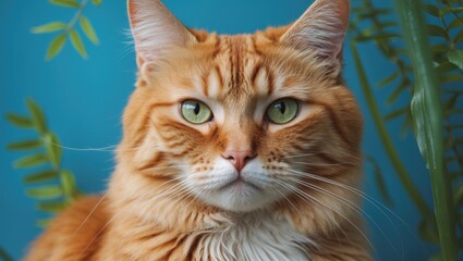 Close-up image of an orange tabby cat set against a colorful blue and green background