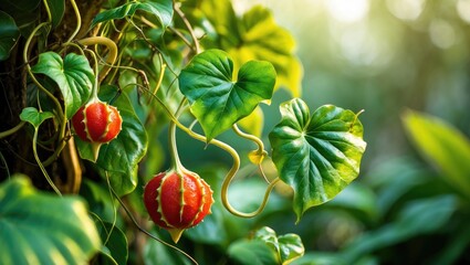 An exotic vine found mainly in tropical regions, recognized by its scarlet-colored produce and multiple appellations.