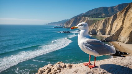 Fototapeta premium Oceanfront view with a seagull flying near the primary route
