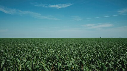 Broad shot capturing extensive corn crops under a vivid blue sky