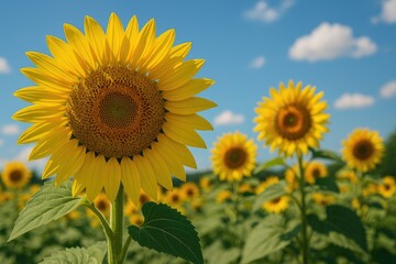 Obraz premium Close-up of bright yellow sunflowers blooming in a garden landscape
