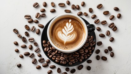 Obraz premium Coffee cup displayed on a white backdrop with surrounding coffee beans
