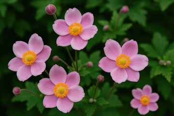 Close-up shot of floral blooms with vibrant greenery
