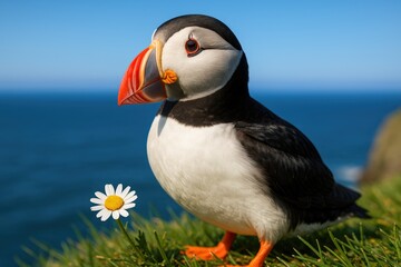 Naklejka premium Colorful portrait of a coastal bird featuring an orange beak, set against a clear sky