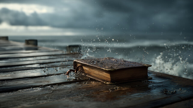 Book on wooden pier during stormy weather