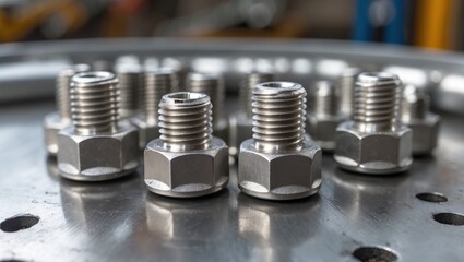 Close-up shot of stainless steel hex nuts resting on a metal tabletop