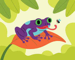Fototapeta premium Vibrant cartoon frog on a jungle leaf catching a fly with its tongue