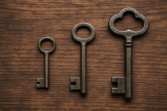 Set of three keys in old-fashioned style displayed on a wooden surface, highlighting safety, variety, and individuality, with sizes increasing from small to large.