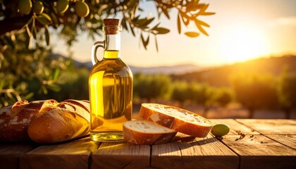 Golden olive oil in a glass bottle with fresh bread on a rustic wooden table at sunset