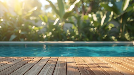 Fototapeta premium Sunlight streams through lush green foliage onto a wooden deck beside a sparkling blue swimming pool on a warm summer day
