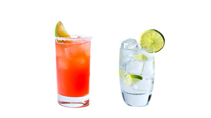 Two refreshing tall cocktails with garnishes isolated on transparent background