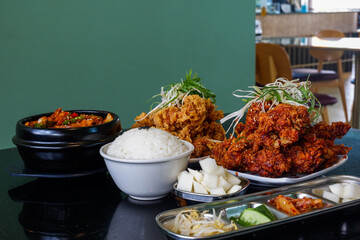 Korean food and Spicy korean chicken wings,jajangmyeon,bibimbap,oden,Samgyeopsal,delicious Korean traditional food.