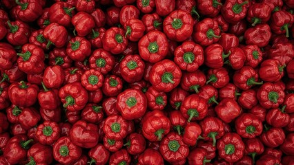 Heap of vibrant red organic peppers displayed at a rustic market stall, Fresh and juicy natural sweet red capia peppers arranged in a pile, Overhead shot of a variety of ripe red organic paprika