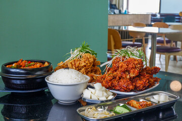 Korean food and Spicy korean chicken wings,jajangmyeon,bibimbap,oden,Samgyeopsal,delicious Korean traditional food.