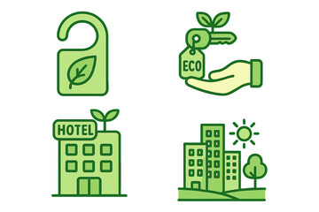 Green hotel and sustainable tourism vector icon set. Eco-friendly hospitality, responsible travel and urban environment symbols. Eco city, conservation and green energy concept.