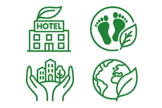 Eco friendly hotel and sustainable tourism icon set. Green symbols for hospitality, urban environment, and ecology. Vector collection of carbon footprint, green city, planet care.
