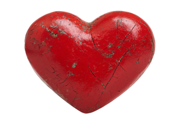 A distressed red heart shape with cracks and texture, isolated on a transparent background, symbolizing enduring love