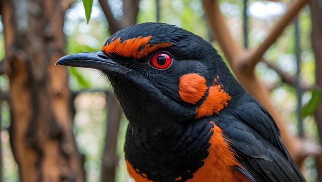 Close-up shot of a majestic bowerbird within an expansive walk-in enclosure