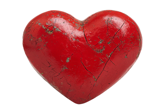 A distressed red heart shape with cracks and texture, isolated on a transparent background, symbolizing enduring love