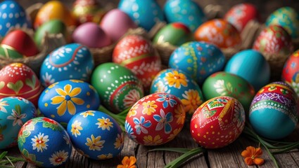 Fototapeta premium Close-up of traditional painted Easter eggs displayed on a wooden background