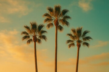 Obraz premium Sunset-lit tropical island setting showcasing three towering fan palms with a classic beach landscape as background, vintage style wallpaper