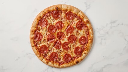 Traditional pepperoni pizza sliced and displayed from above on a white marble surface with ample space for text.