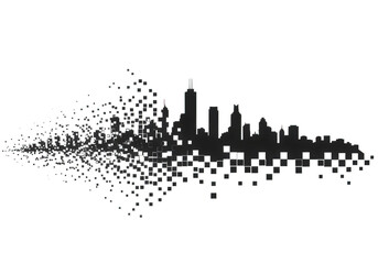 Abstract digital cityscape skyline silhouette dissolving into pixels, isolated on transparent background
