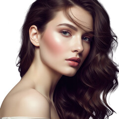 Fototapeta premium Beautiful woman with wavy hair and makeup isolated on transparent background