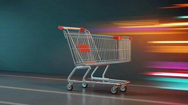 Speeding shopping cart concept for fast grocery delivery and online shopping convenience and fast supermarket checkout with vibrant light trails showcasing efficiency