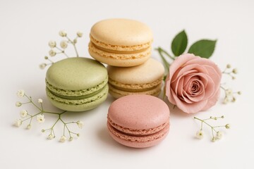 Fototapeta premium A selection of vibrant macarons arranged on a white backdrop