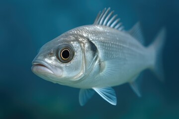 Naklejka premium Portrait of a tiny silver sea bass, focusing on its juvenile features in a close-up shot