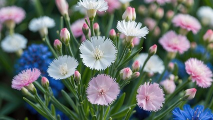 Macro view of Dianthus deltoides blossoms in full bloom during May, featuring pinnate carnations
