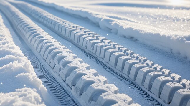 Snowy tire tracks on a winter day. Fresh imprints in white powder snow, creating parallel lines in cold. Serene landscape with bright sunlight and subtle shadows.