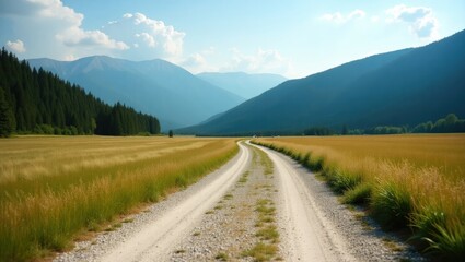 Scenic countryside trail with gravel and grass fields for 4x4 exploration