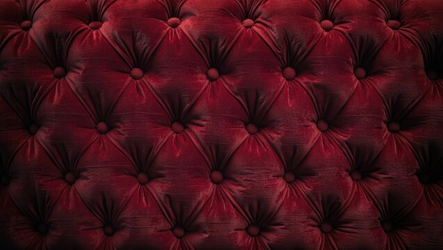 Textured dark red velvet fabric featuring diamond quilting and button accents, inspired by classic furniture design