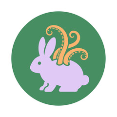 A surreal purple rabbit with orange octopus tentacles emerging from its back, depicted in a flat, minimalist icon style on a green circle.