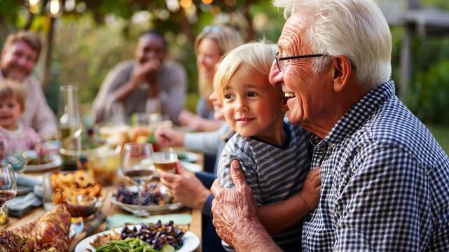 Senior grandfather holding his bright little grandchildren on his lap at a lively outdoor dinner party, surrounded by food, drink.