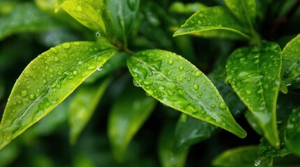 Bright green foliage with visible morning dew droplets, macro detail showing freshness and purity.