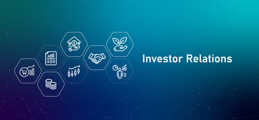Investor Relations header image graphic features icons related to finance and business report investment opportunity for stakeholders in public listed corporations