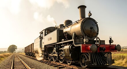 Naklejka premium Vintage Steam Train on Tracks in Countryside Landscape