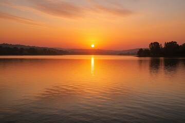 Fototapeta premium Morning Light Illuminates a Tranquil Water Body