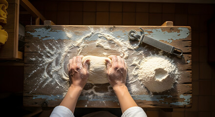 Hands kneading dough on rustic wooden table in a kitchen, creating a floury mess during the baking process, conveying a sense of tradition and home cooking.
